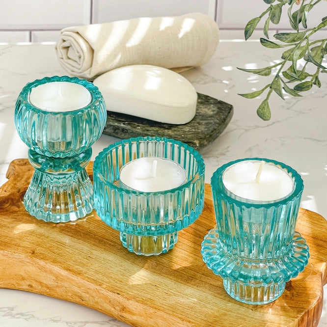 Aqua Blue Vintage Ribbed Glass Set of 3 Candle Holders
