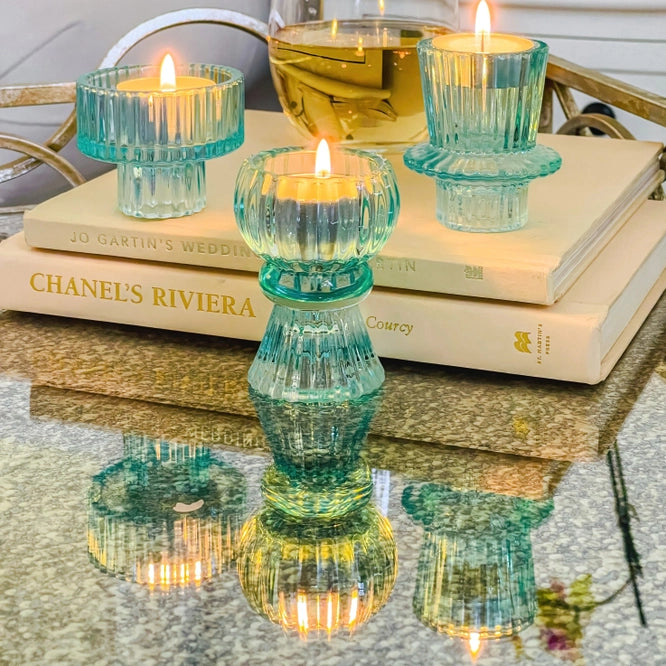 Aqua Blue Vintage Ribbed Glass Set of 3 Candle Holders