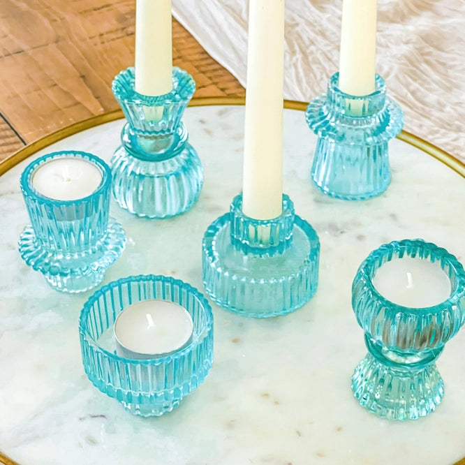 Aqua Blue Vintage Ribbed Glass Set of 3 Candle Holders