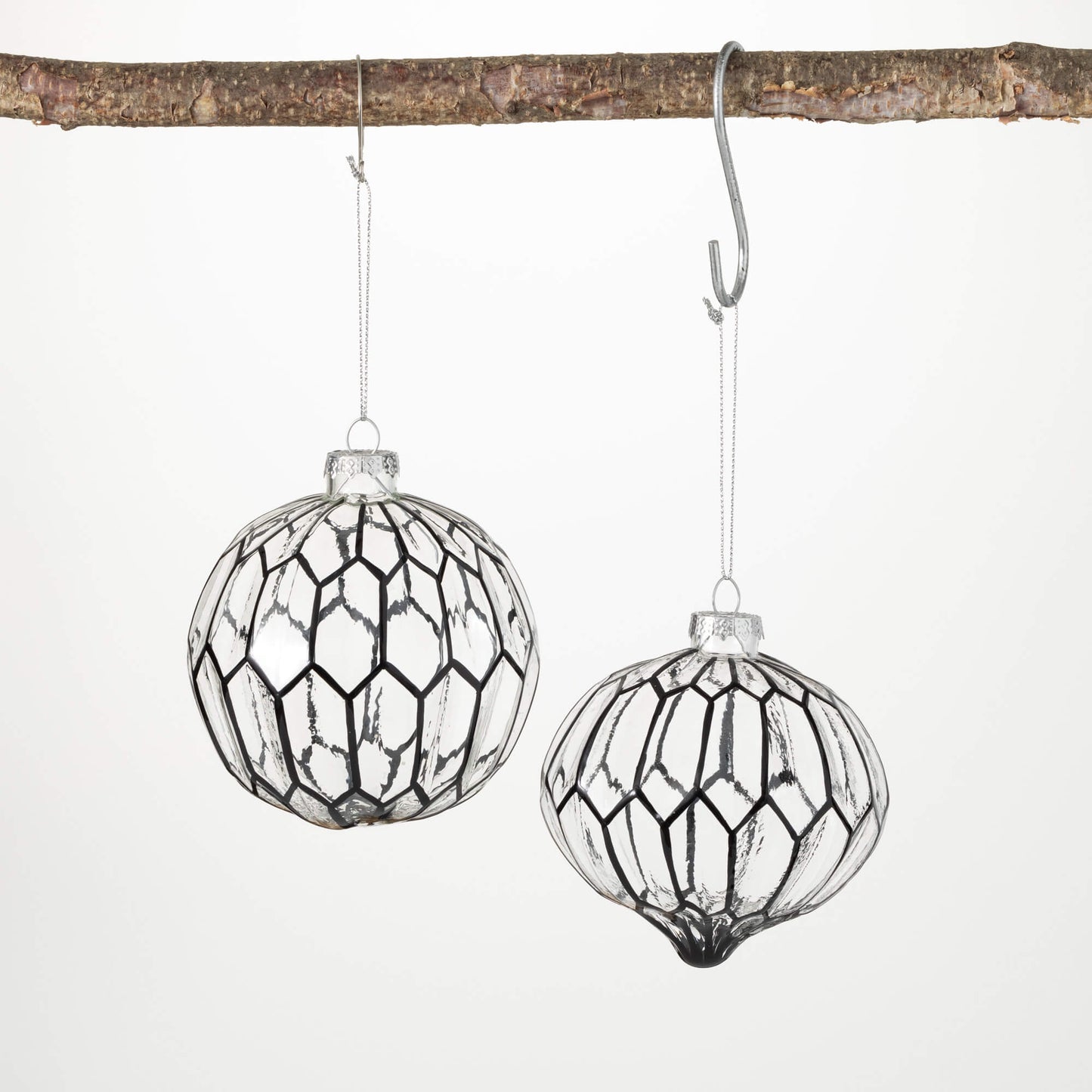 Modern Geometric 4" Glass Ornaments With Black Pattern