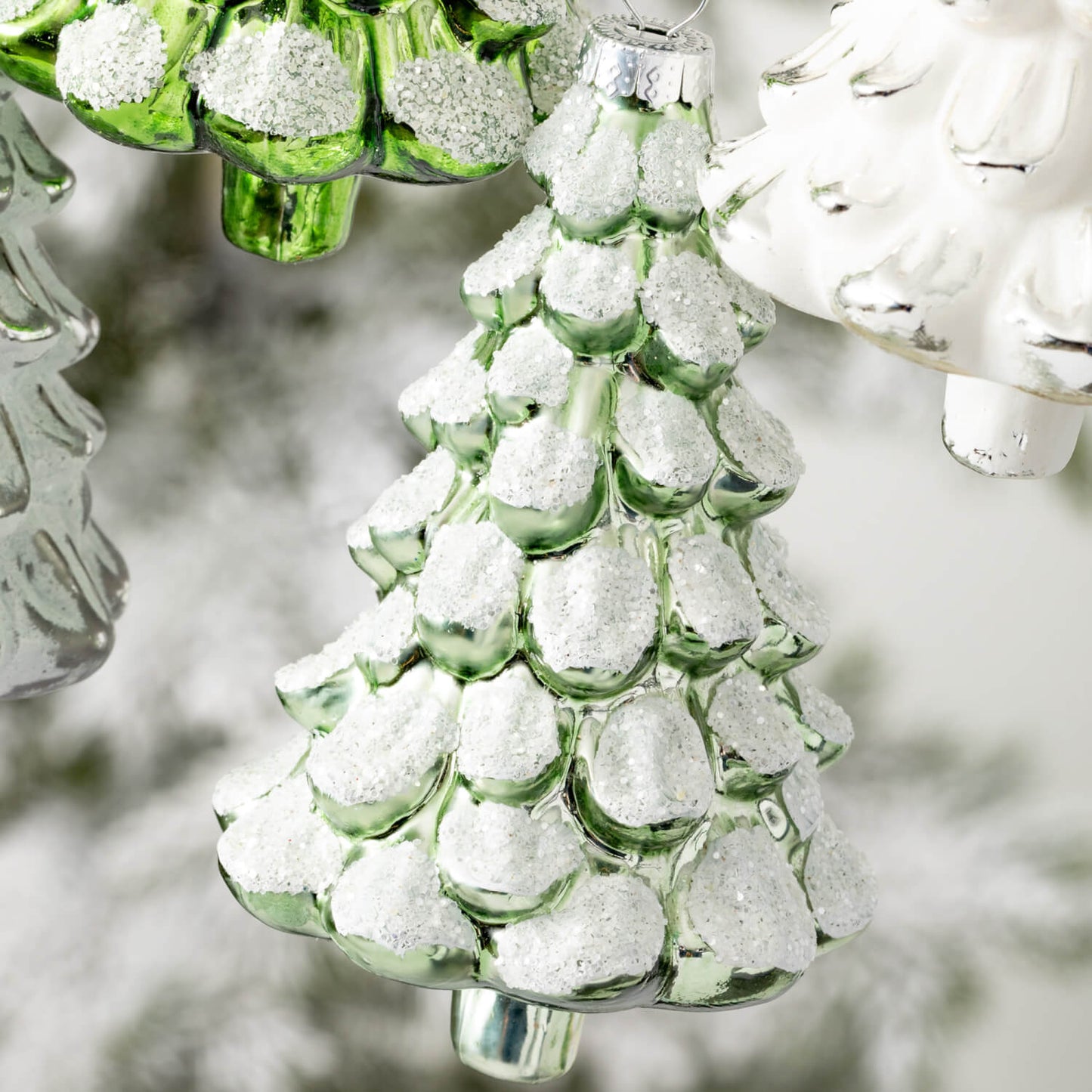 Snowy Glass Pine Tree Ornaments