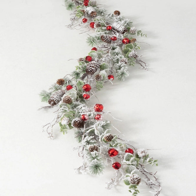 Red Jingle Bell & Flocked Pine 6' Garland