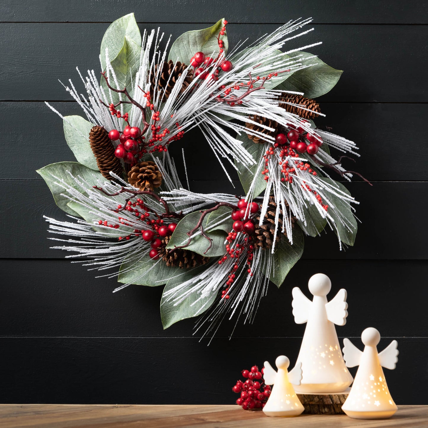 Snowy Long Pine & Berry 24" Wreath