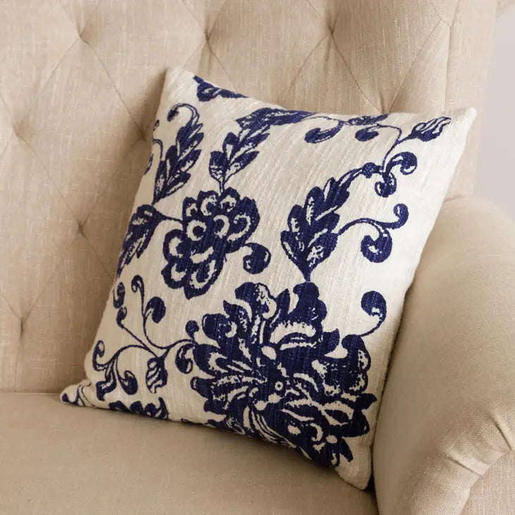 Clara 16" X 16" Blue & White Floral Print Pillow