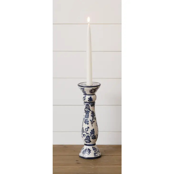 Blue & White Ceramic Floral Taper/Pillar Candle Holder
