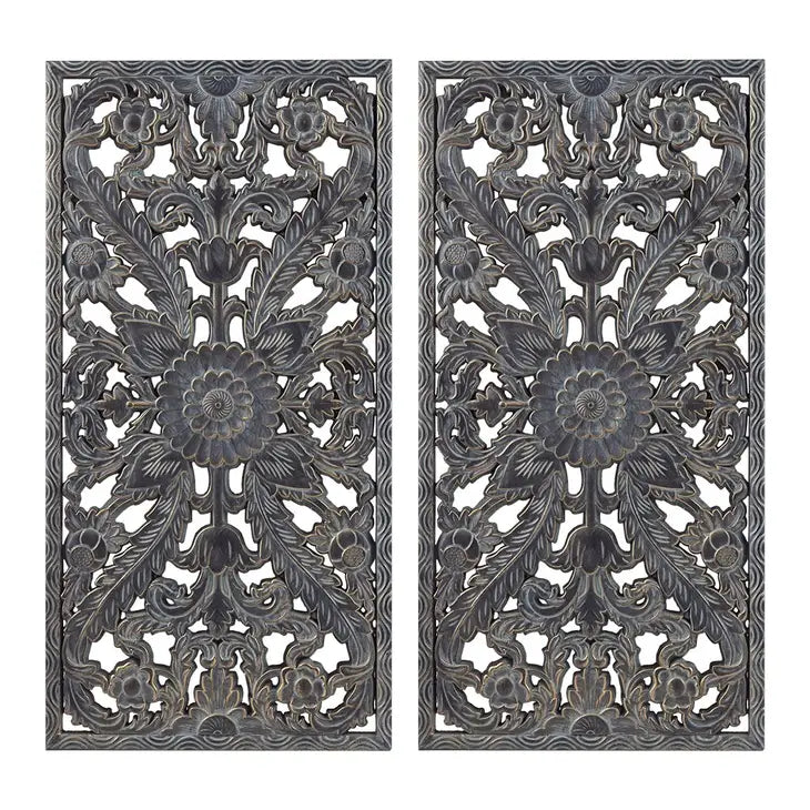 Kanpur 16" X 32" Antique Carved Wooden Wall Art - Aged Charcoal Blue