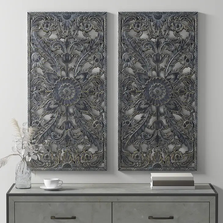 Kanpur 16" X 32" Antique Carved Wooden Wall Art - Aged Charcoal Blue