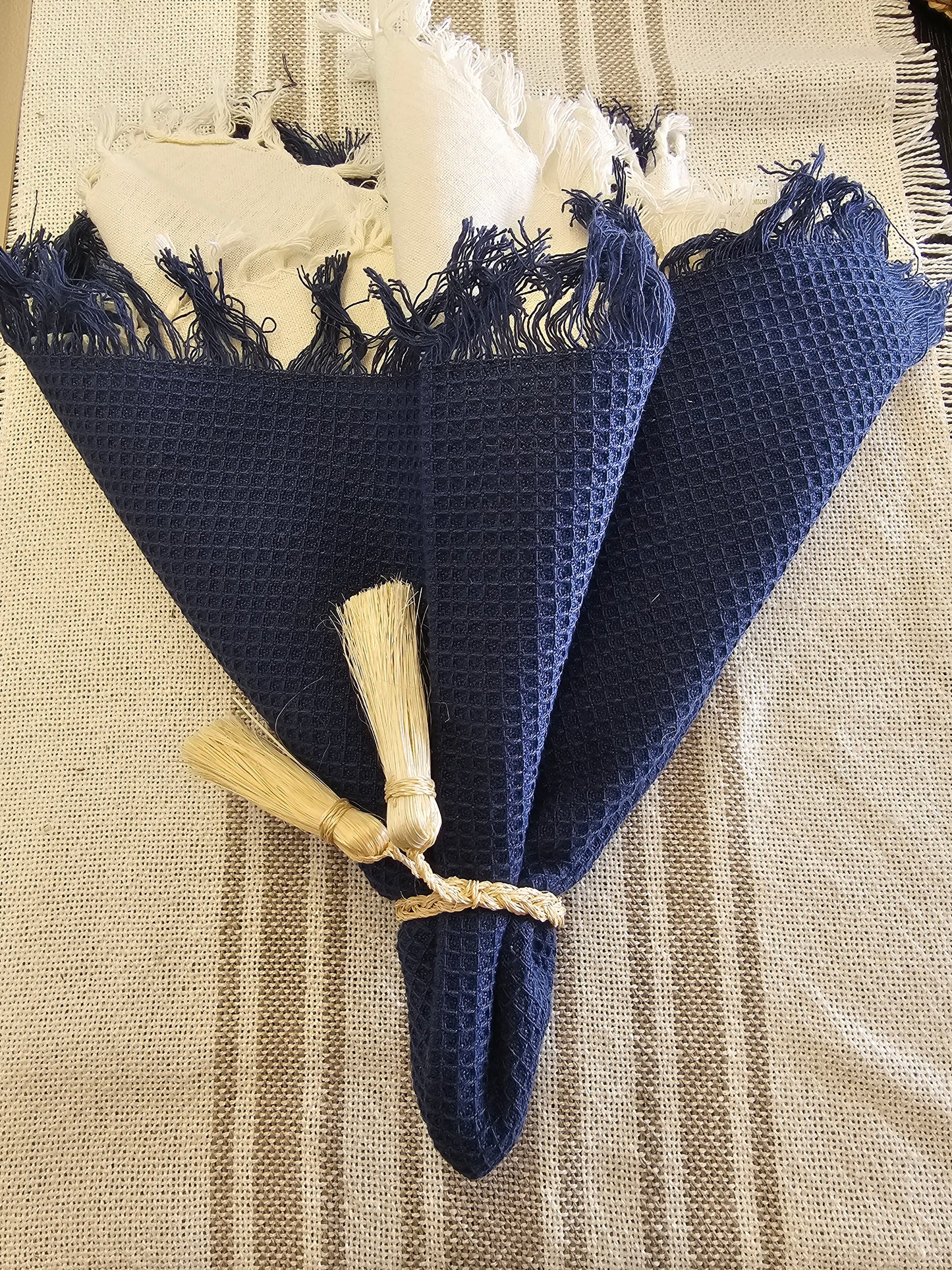 Fringed Waffle Knit Dinner Napkin - Navy Blue