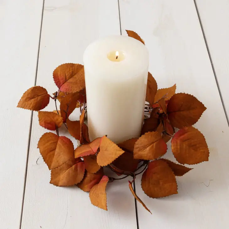 Cinnamon and Burgandy Fall Leaves Candle Ring