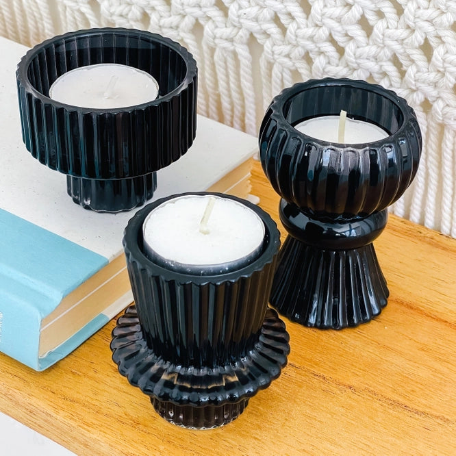 Black Glass Vintage Ribbed Set of 3 Reversable Candle Holders