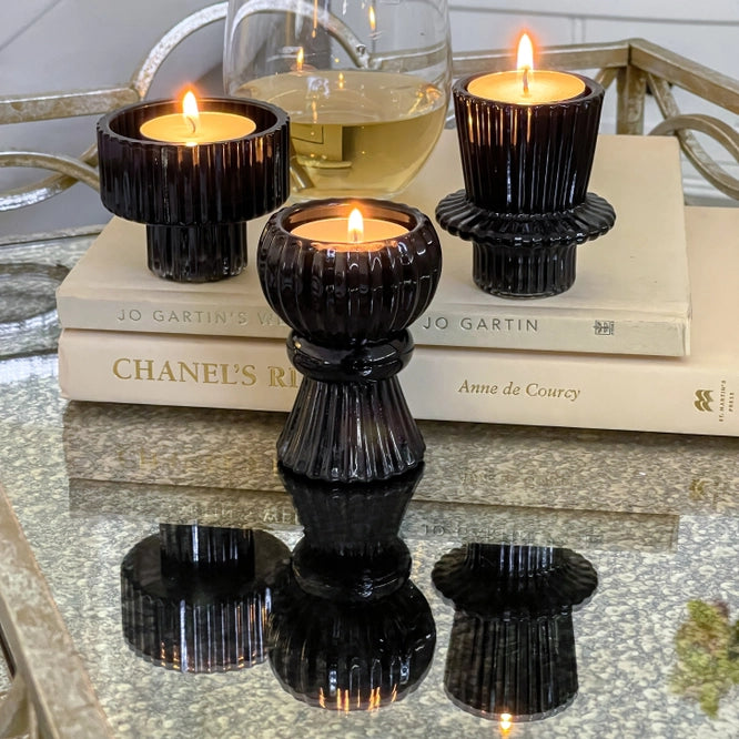 Black Glass Vintage Ribbed Set of 3 Reversable Candle Holders