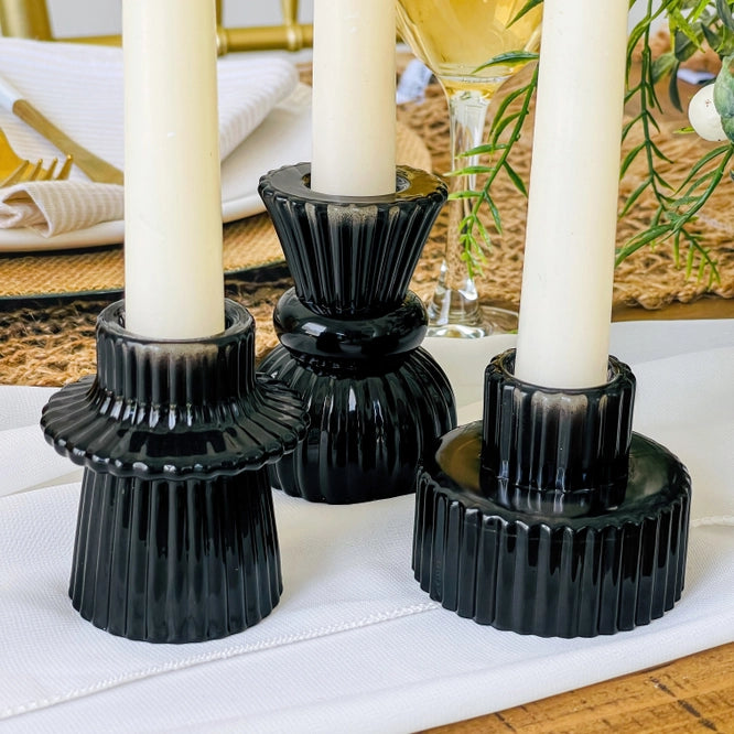 Black Glass Vintage Ribbed Set of 3 Reversable Candle Holders