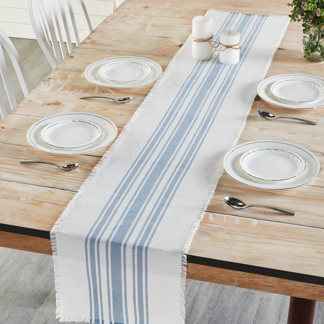 Antique White & Blue Stripe 72" Fringe Table Runner - Indoor/Outdoor