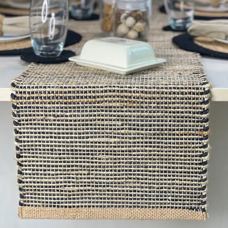 Handwoven 72" Jute Table Runner - Natural + Charcoal Gray