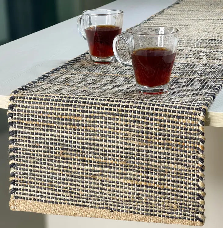 Handwoven 72" Jute Table Runner - Natural + Charcoal Gray