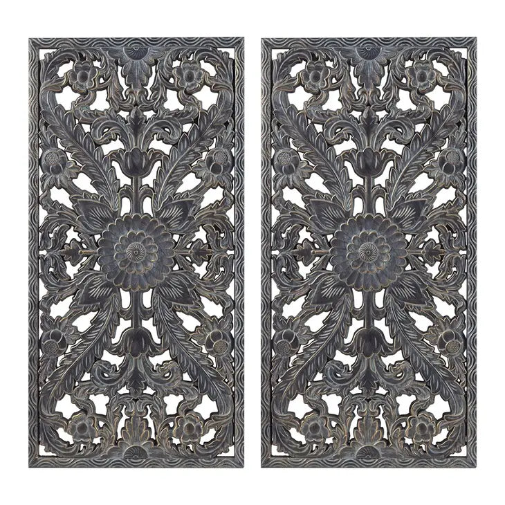 Kanpur 16" X 32" Antique Carved Wooden Wall Art - Aged Charcoal Blue