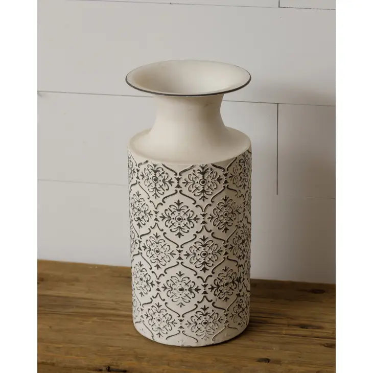 Samantha 14" White Embossed Metal Vase